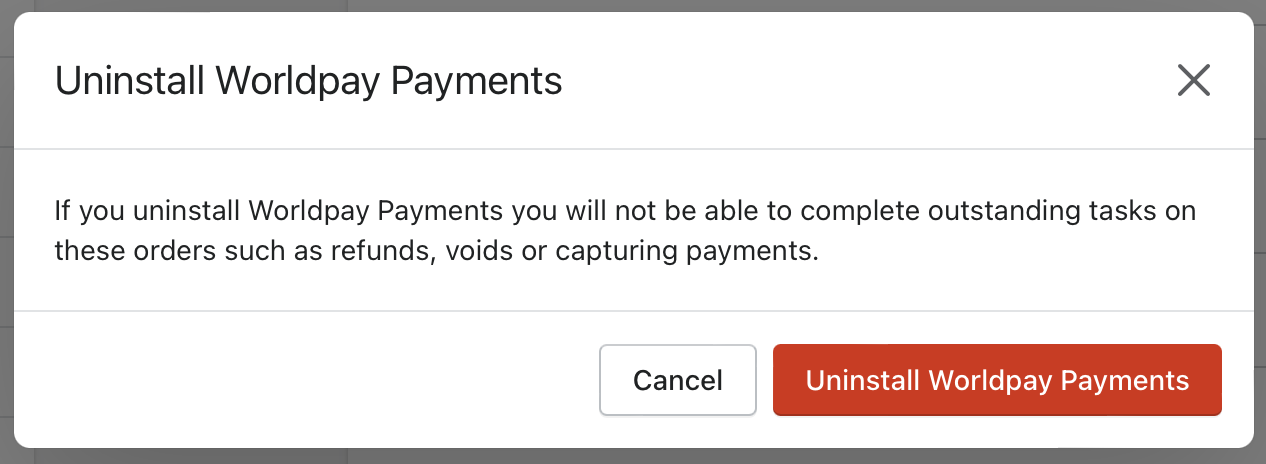 Uninstall Worldpay Payments prompt screenshot