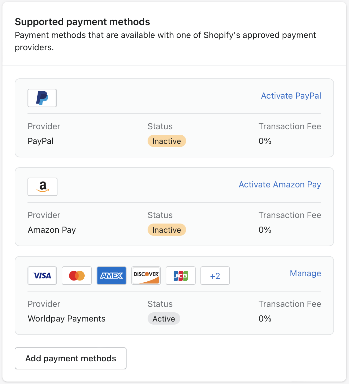 Supported payment methods screenshot