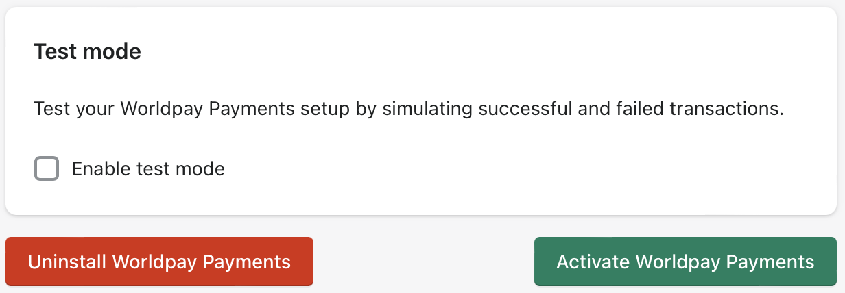 Uninstall Worldpay Payments and Activate Worldpay Payments buttons screenshot