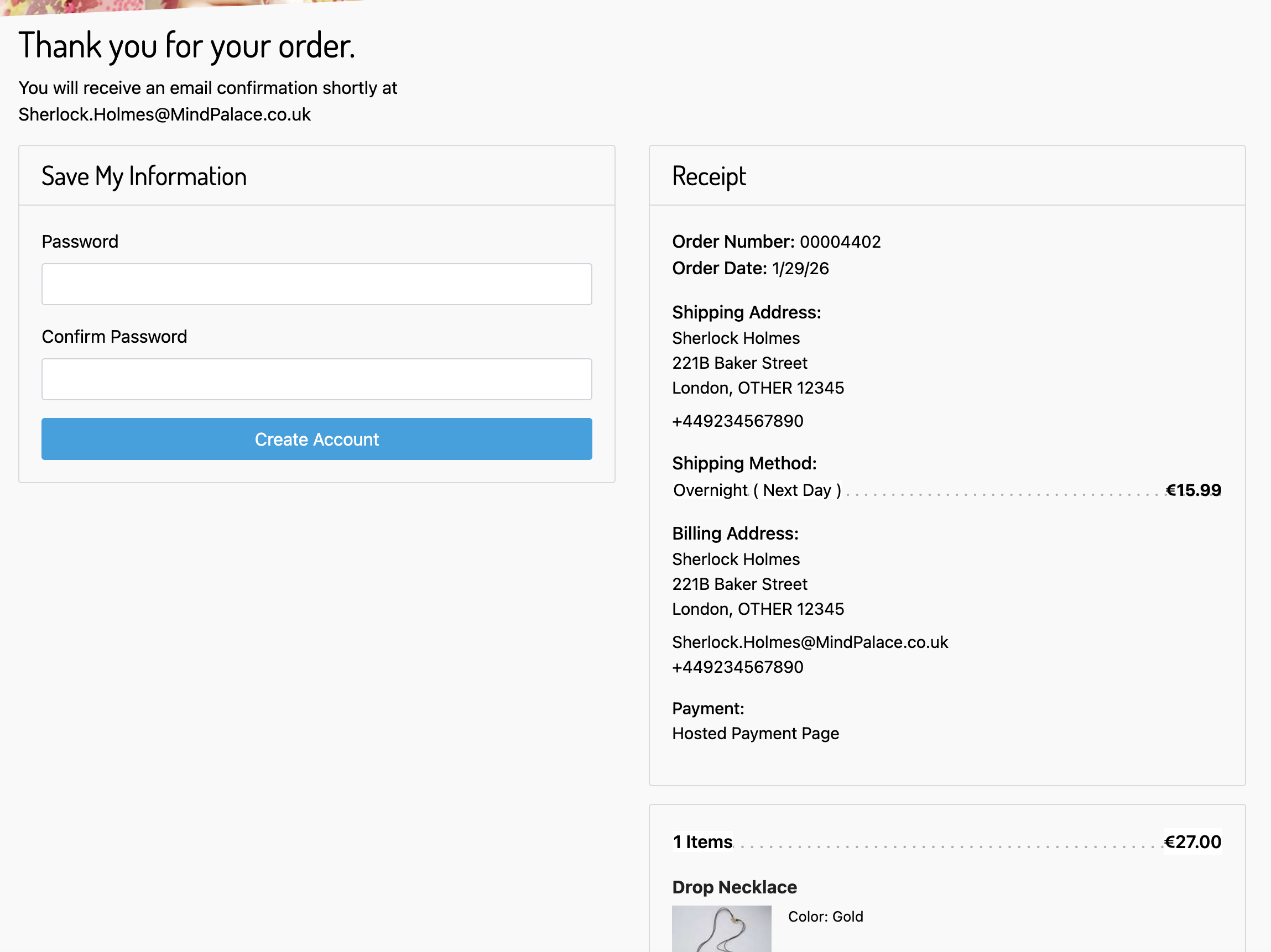 Order confirmation page
